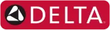Delta logo in white text on a red rectangle. A black circle with a white triangle and two white shapes is to the left.