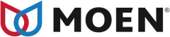 Moen logo: two overlapping water droplets, red and blue, next to the black text 