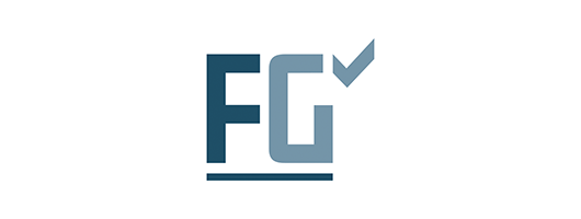 Logo med bokstavene «FG» i mørkeblått og lyseblått. En hake er en del av «G»-en.