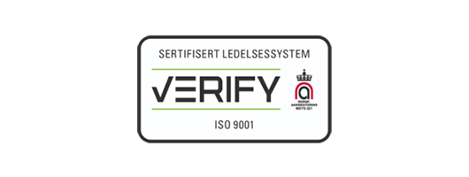 Bekreft logoen med teksten «Sertifisert ledelsessystem» og «ISO 9001». Inkluderer et hakemerke og et kroneikon.