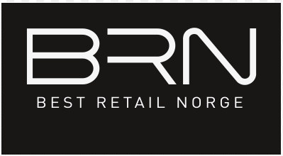 BRN-logo: Hvite bokstaver på et svart rektangel. Teksten nedenfor lyder «BEST RETAIL NORGE».