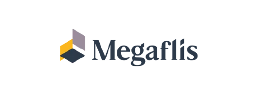Logo for Megafllís: Abstrakt form med gule, grå og mørkeblå farger, ved siden av mørkegrå tekst.