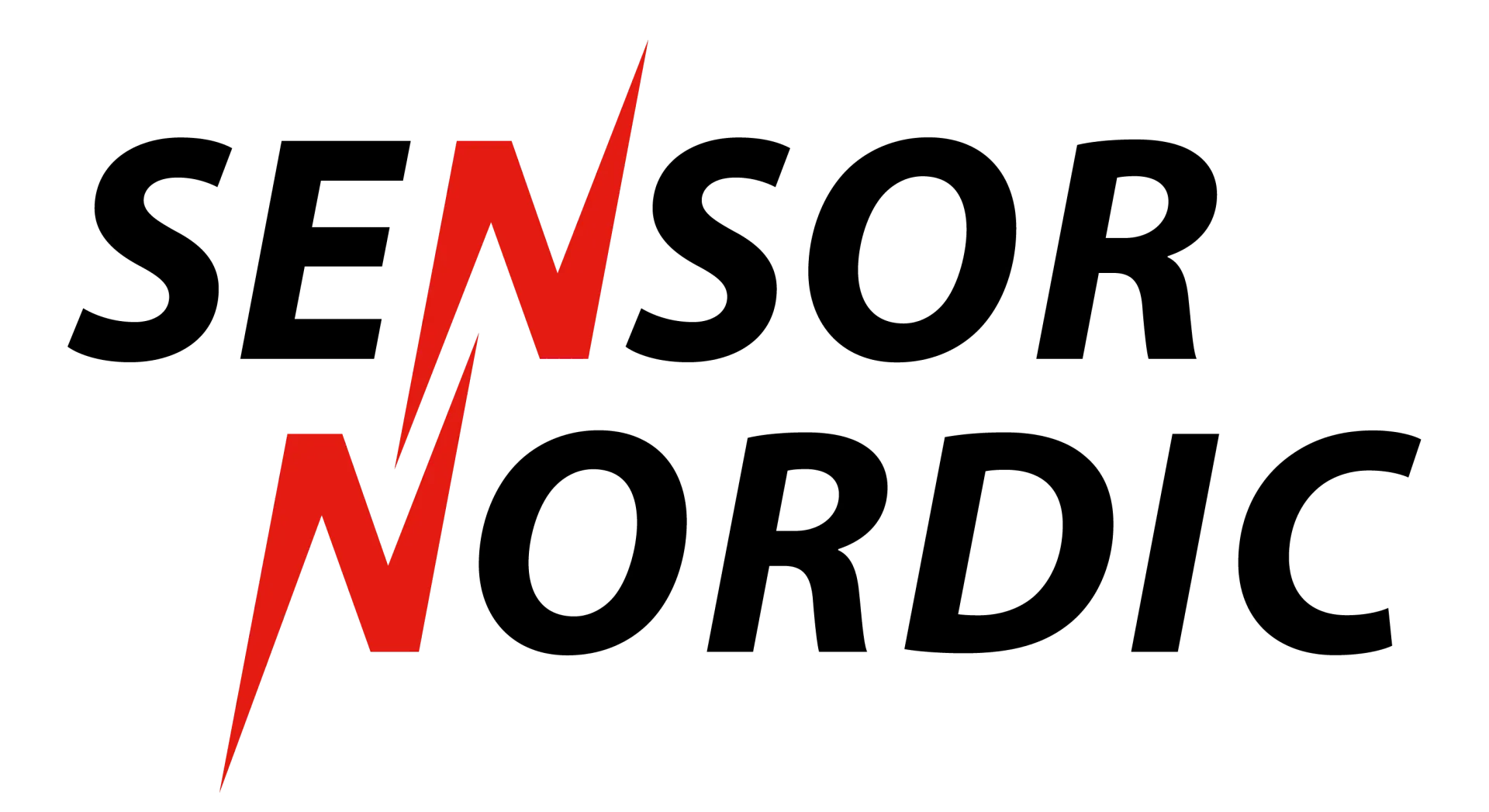 Sensor Nordic-logo: svart tekst «SENSOR» og «NORDIC» med et rødt lyn gjennom «N»-en.
