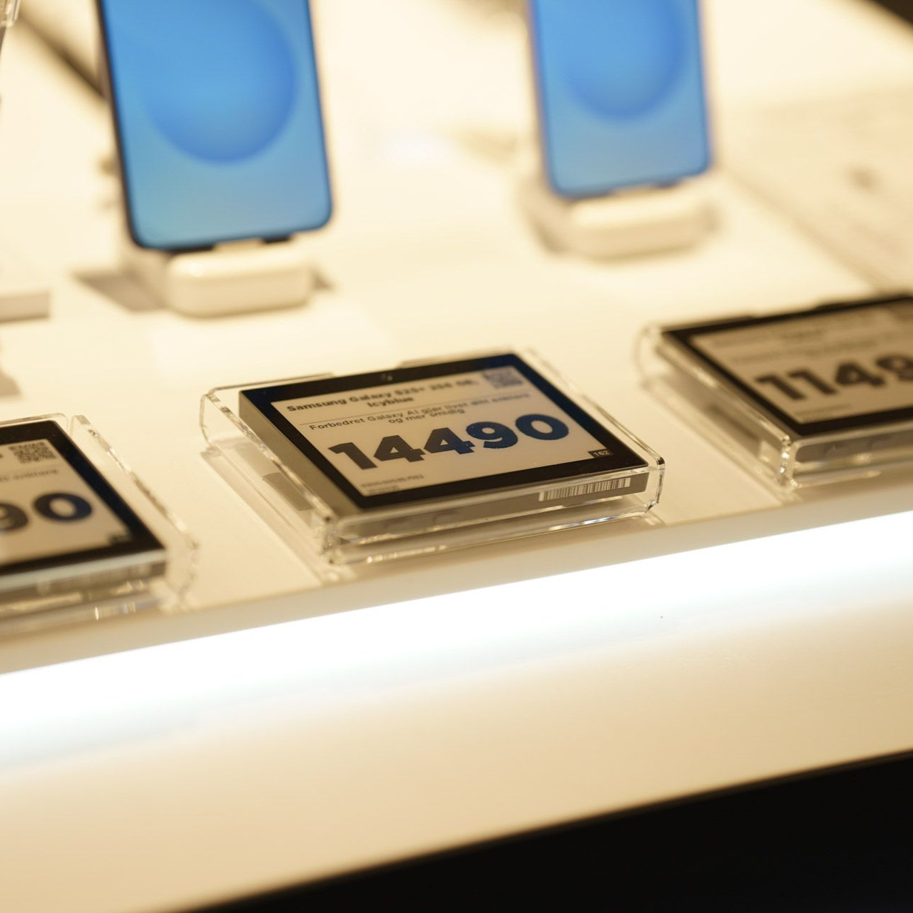 Nærbilde av prislapper med telefonskjermer i bakgrunnen, en prislapp viser «14490».
