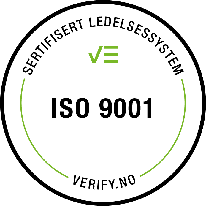 Bekreft logoen med teksten «Sertifisert ledelsessystem» og «ISO 9001». Inkluderer et hakemerke og et kroneikon.