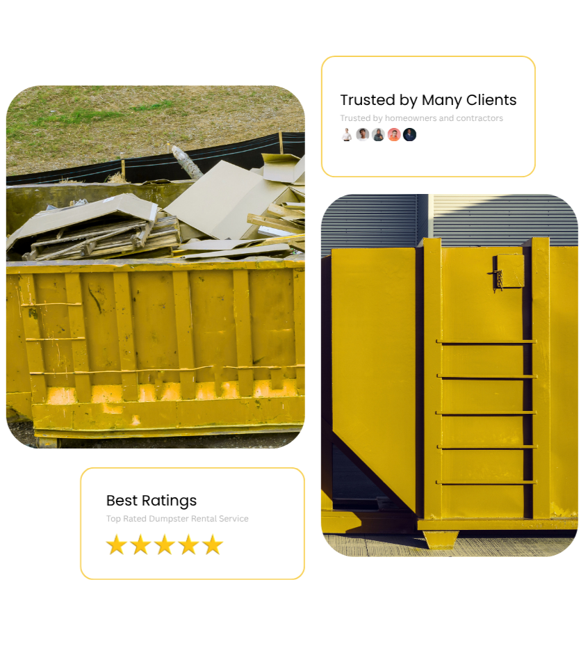 Roll off dumpster filled with renovation debris and materials