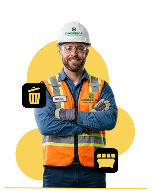 Workers securing safe access around placed construction dumpster
