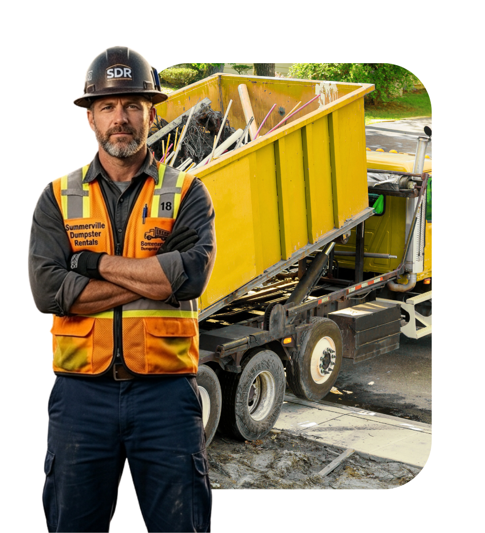 Yard waste and branches loaded into dumpster for seasonal cleanup project