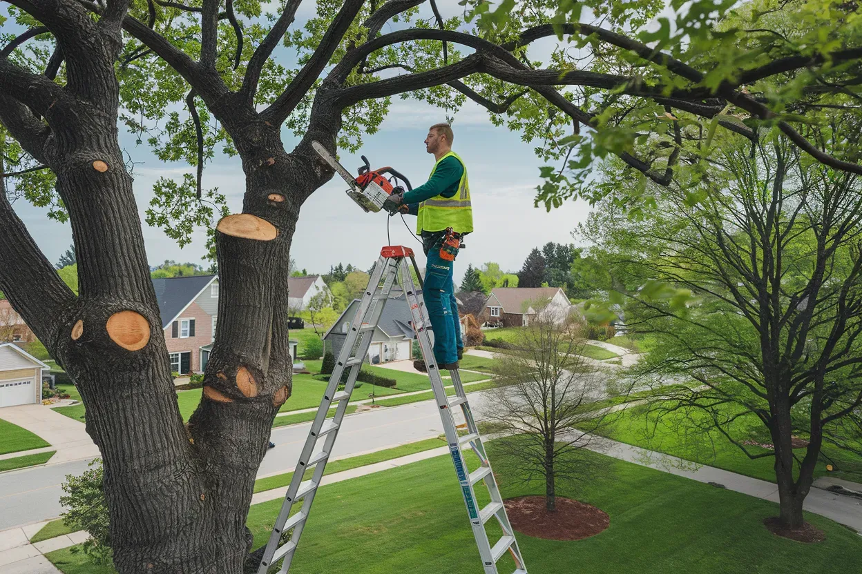 Arborist on a ladder using a chainsaw to trim a large tree in a residential yard.