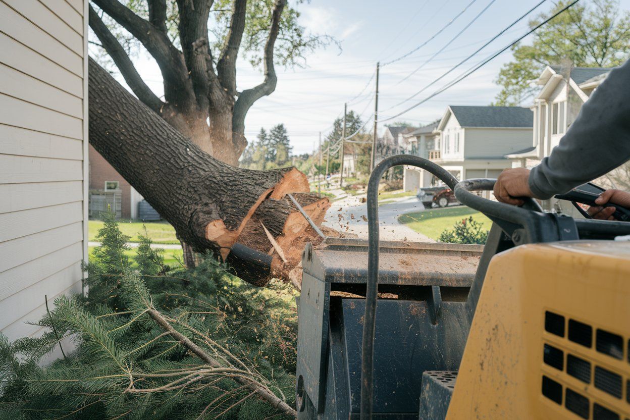 Tree trunk being cut and fed into a wood chipper in a residential area.