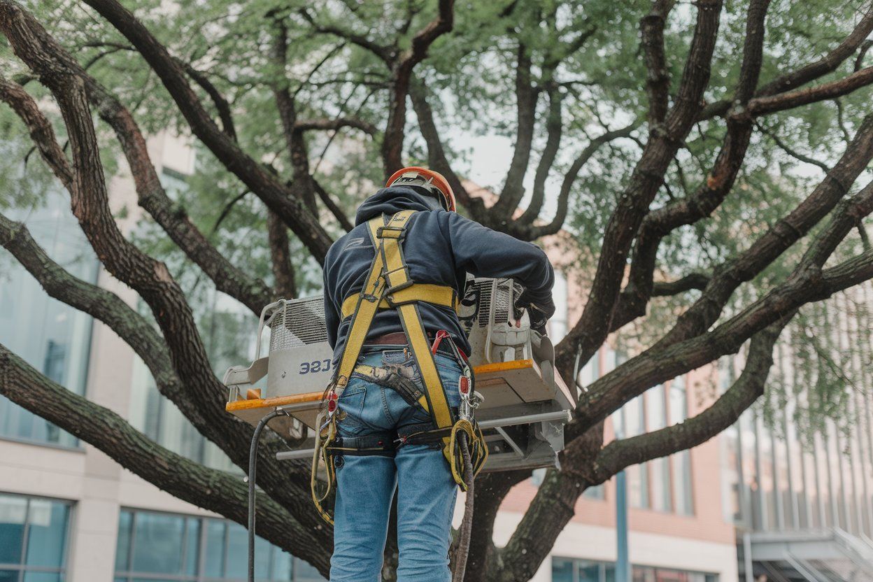 Person in safety harness trimming tree branches with a power saw.
