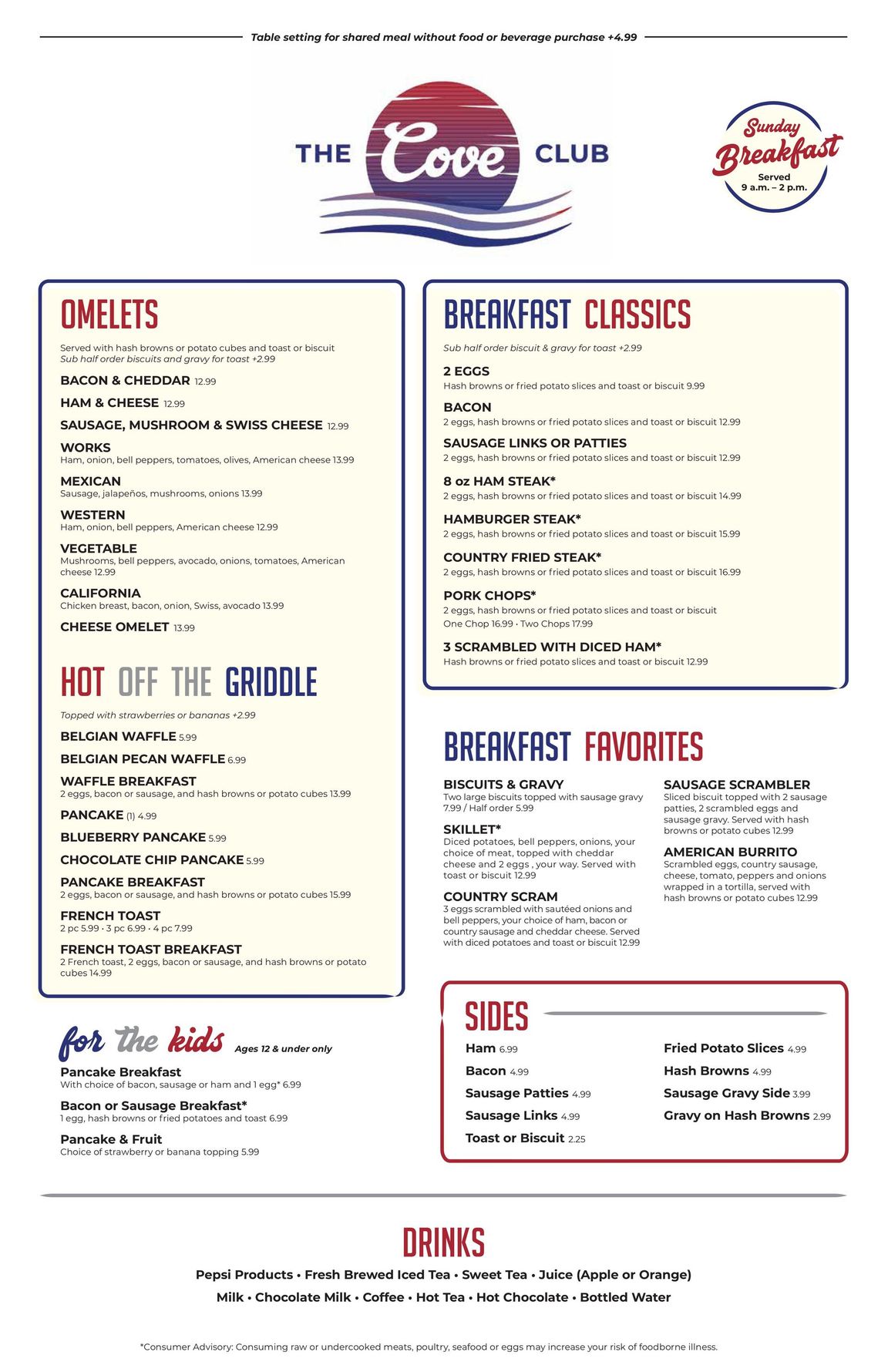 A menu for the cove club includes omelettes and breakfast classics