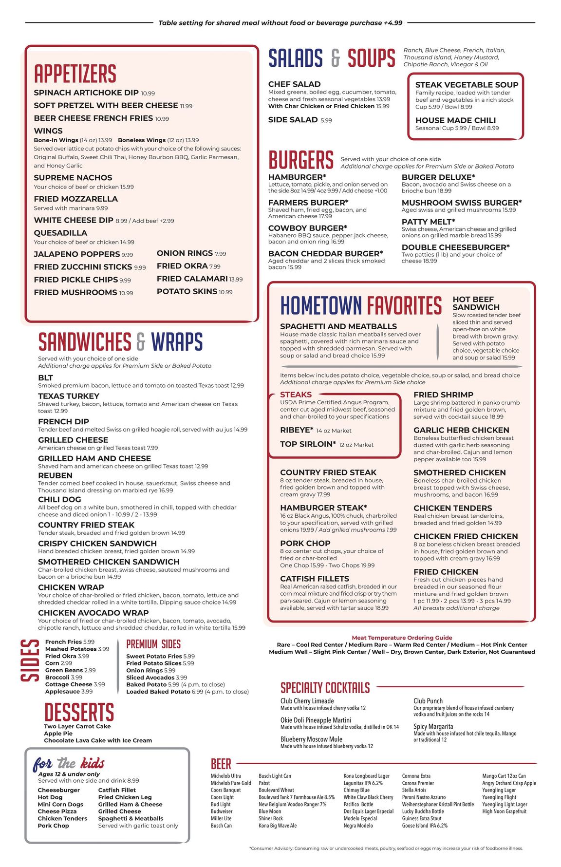 Restaurant menu with various food categories in red and white.