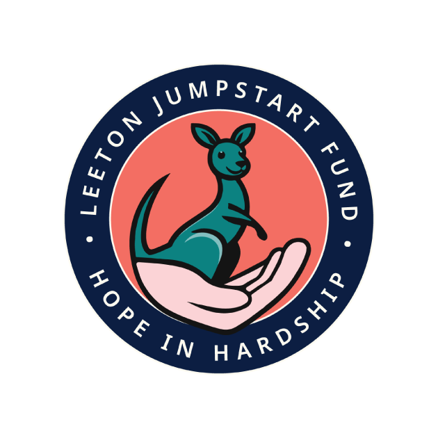 Leeton Jumpstart Fund logo: kangaroo in teal, resting on a cupped hand, inside a circle with text