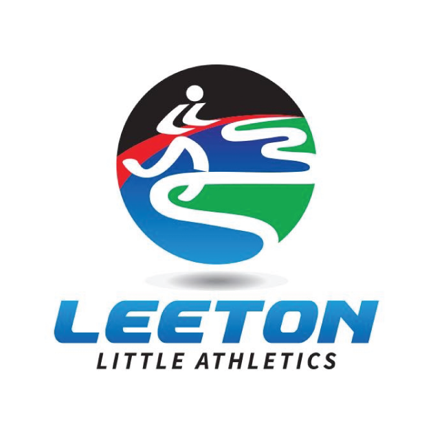 Leeton Little Athletics logo: Runner on a track within a circular design with blue, green, and red elements. Text
