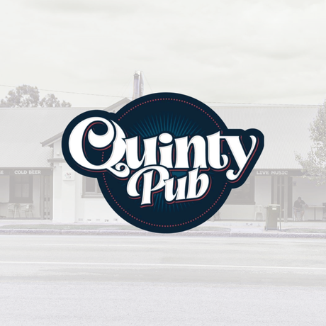 Quinty Pub logo: black circle with white script reading 