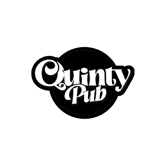 Quinty Pub logo: white cursive text on black circle.