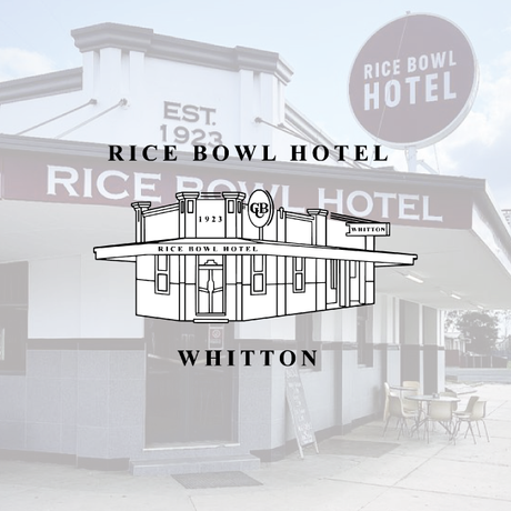Rice Bowl Hotel in Whitton, NSW. Line drawing of the building overlaid on a blurred photo of it.