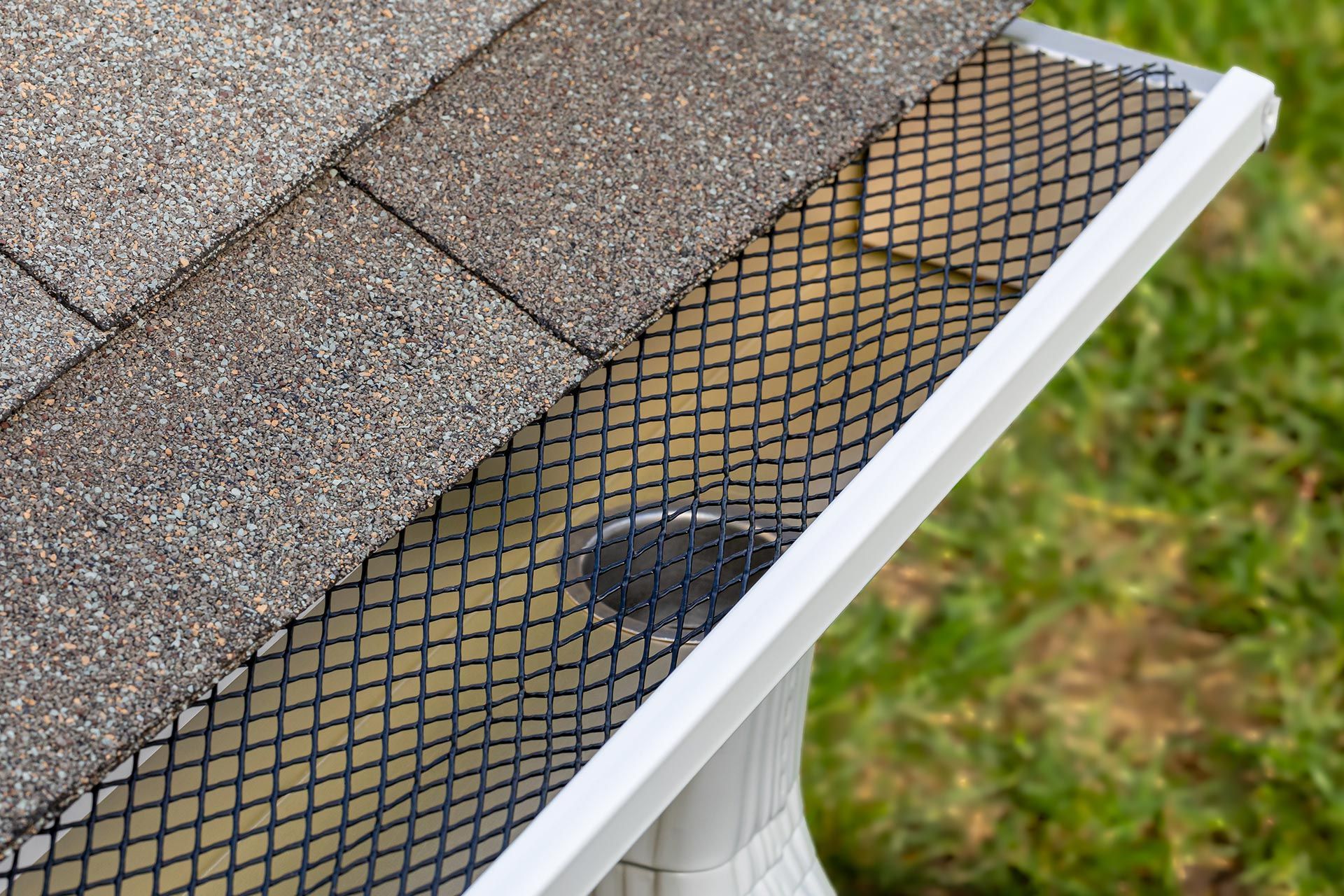 Black gutter guard on a roof edge with gray shingles and a white gutter below Black gutter guard on a roof edge with gray shingles and a white gutter below