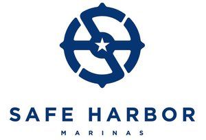A blue and white logo for safe harbor marinas