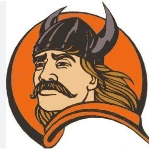 A drawing of a man with a mustache wearing a viking helmet.