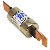 A close up of a fuse with two copper wires attached to it.