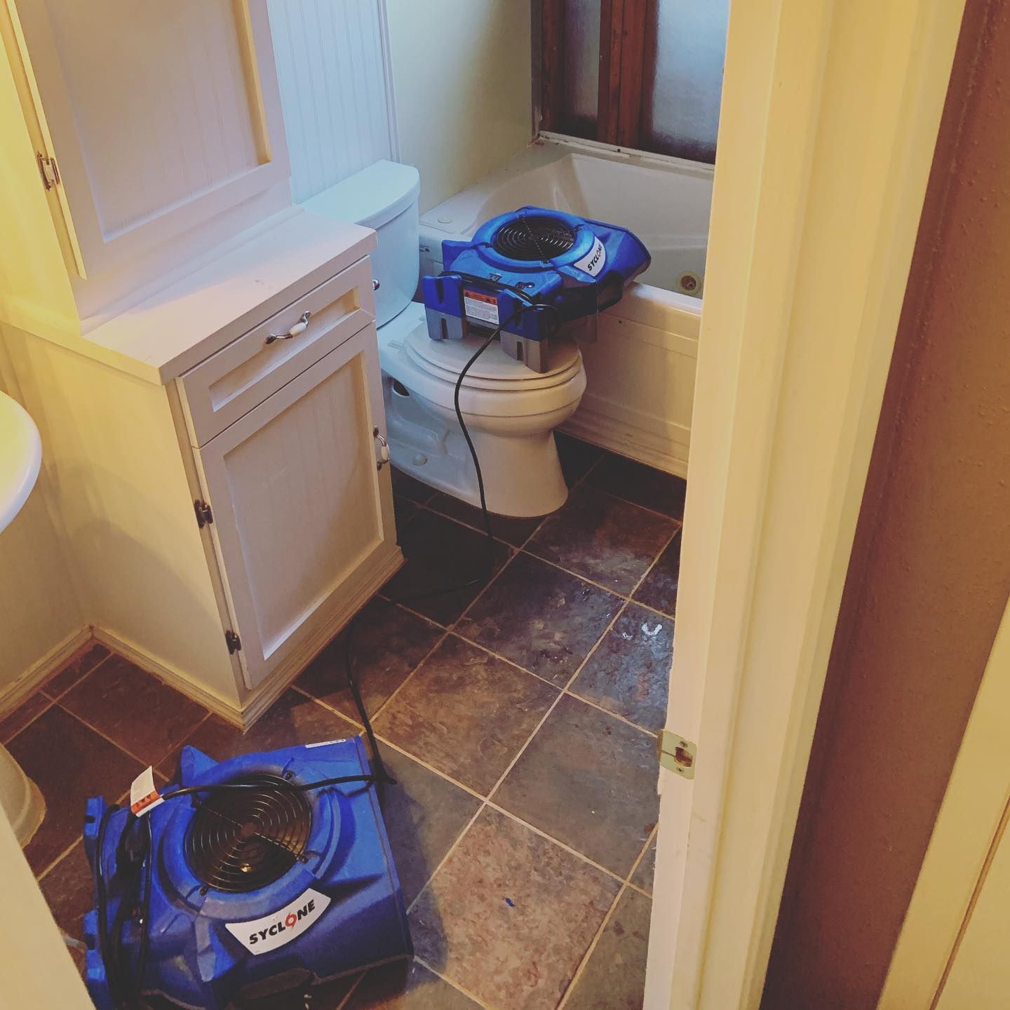Two blue air movers in a bathroom, one on toilet, likely for water damage cleanup.