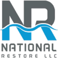 Logo for National Restore LLC, gray and blue. "NR" over a blue wave. "National Restore LLC" below.