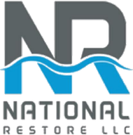 Logo for National Restore LLC, gray and blue. "NR" over a blue wave. "National Restore LLC" below.