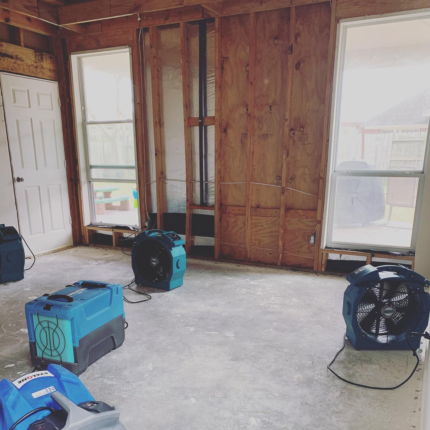 Room with exposed wooden walls and three blue fans for drying. Windows let in light.