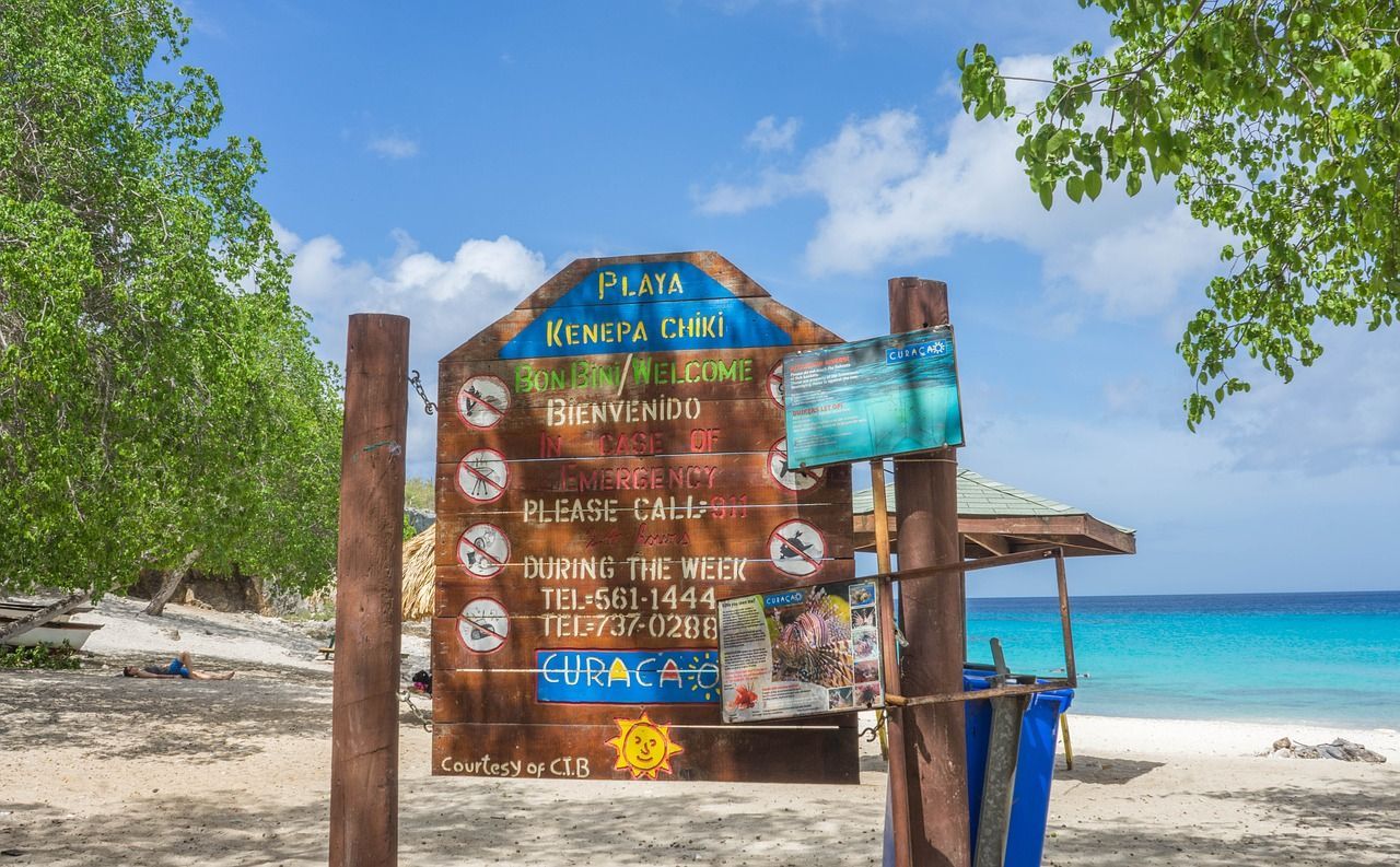 A wooden sign on a beach with the ocean in the background.