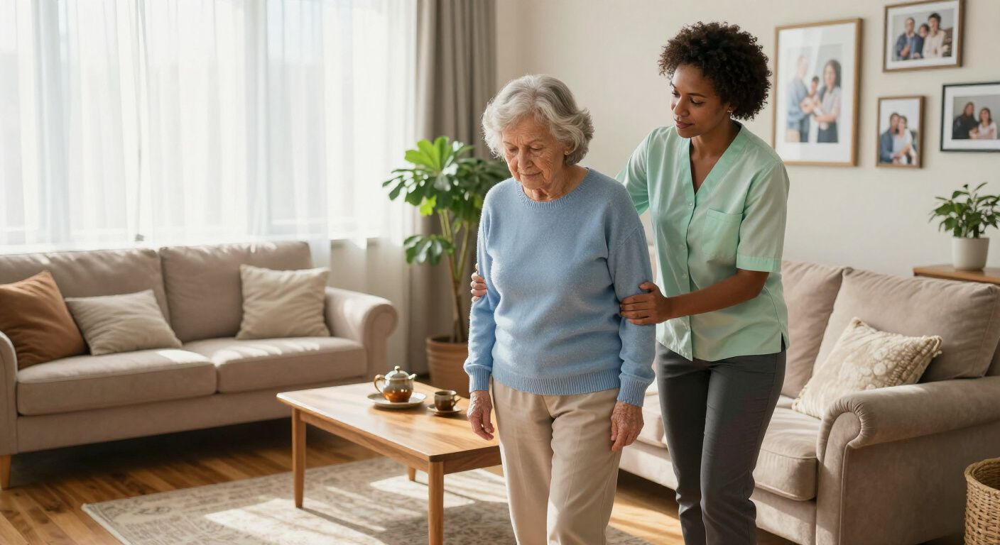 Caregiver assisting a senior with walking in a living room, holding her arm for support.