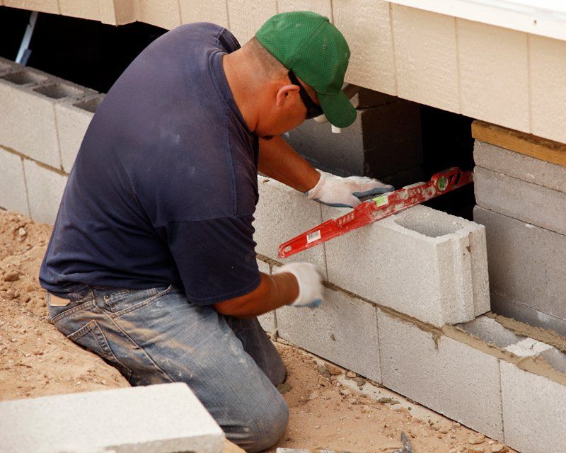 Man with Level Laying Concrete Block Skirting — Melbourne, VIC — Harman Contracting PTY LTD
