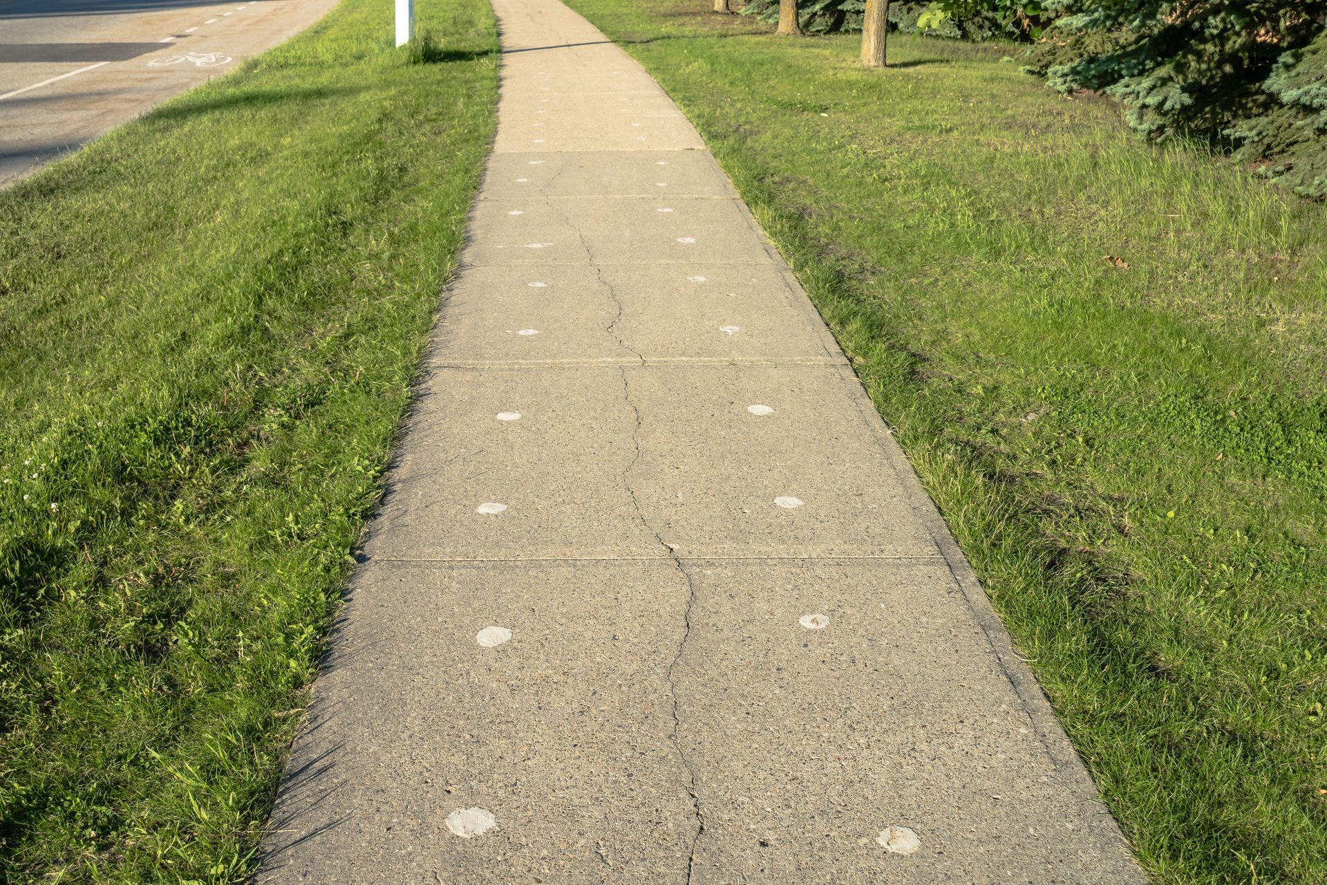 Cracked concrete sidewalk with white circular markings, bordered by green grass along a roadside.