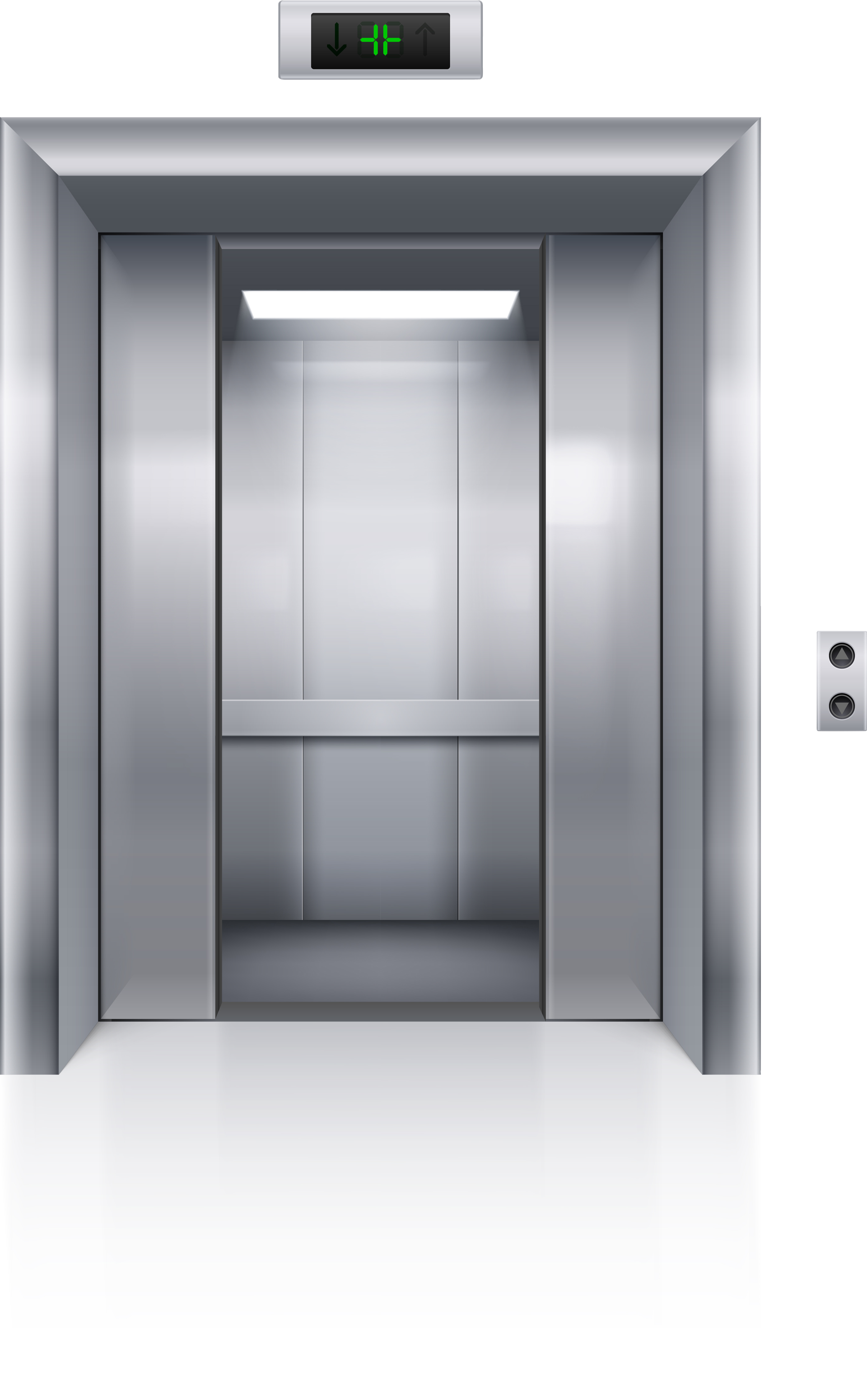 Elevator with open doors, stainless steel, with floor indicator and call button