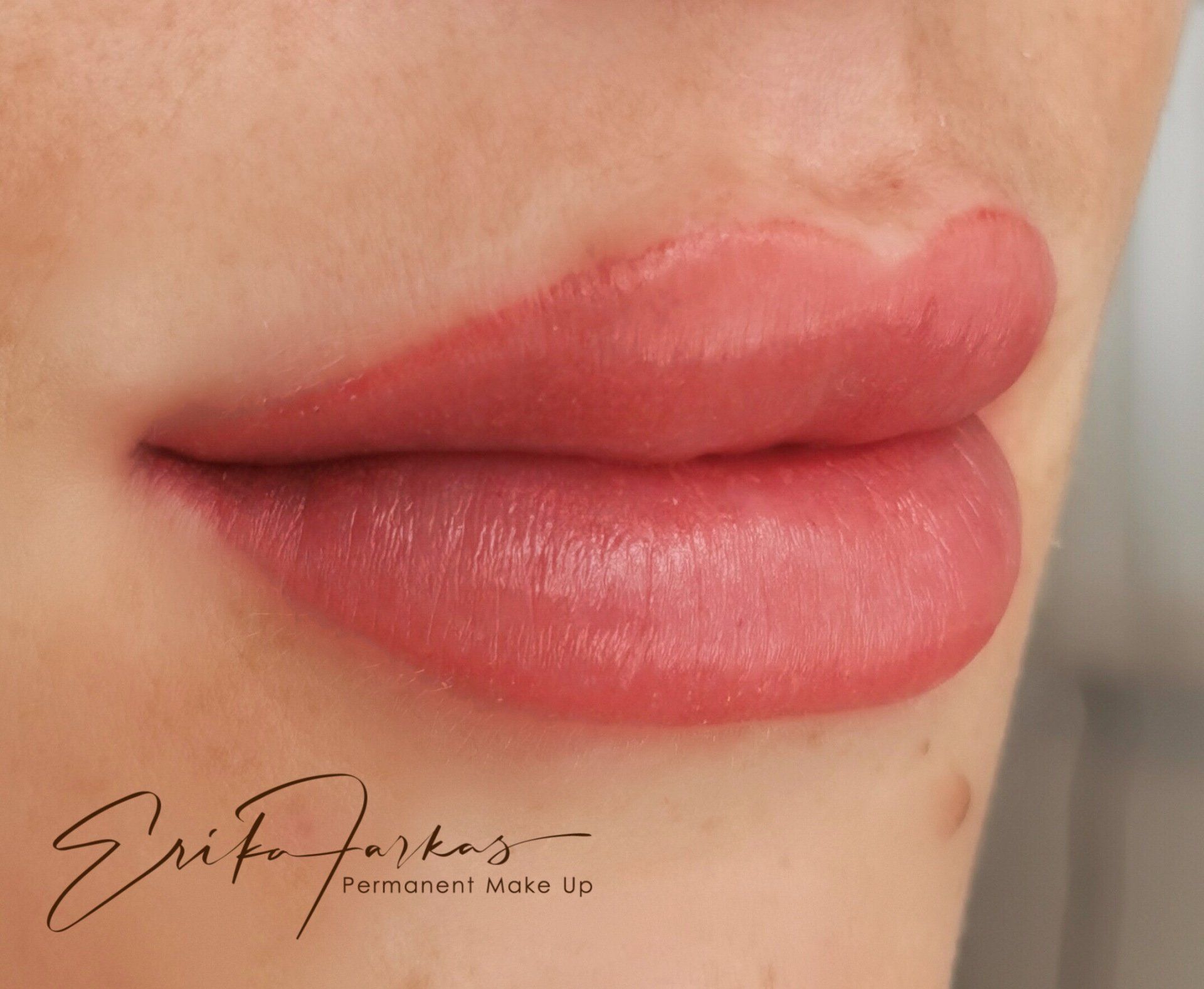 Eine Nahaufnahme der Lippen einer Frau mit dem Namen Erika darauf geschrieben