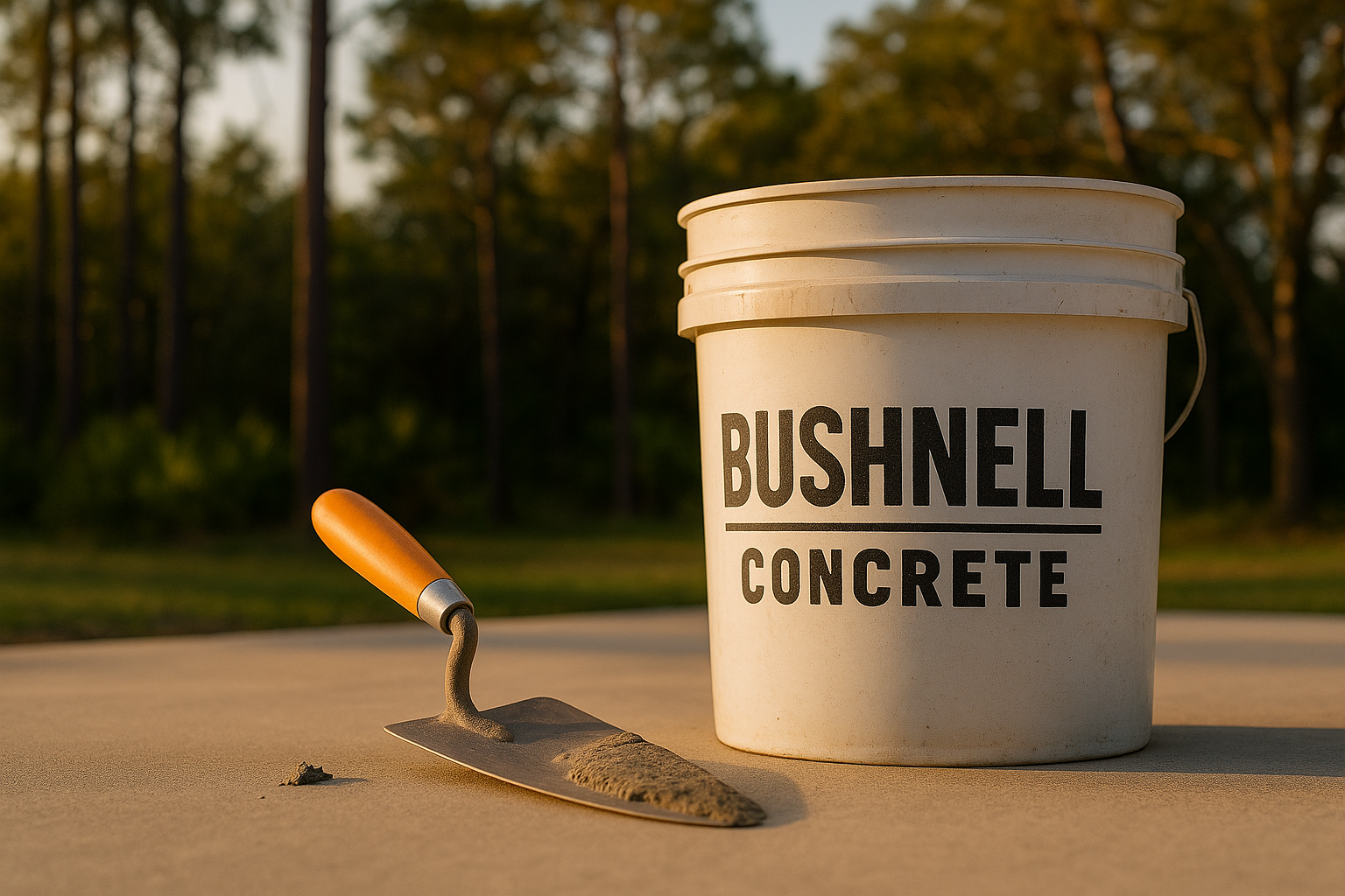 Bucket with “Concrete Coral Gables” logo and trowel on slab in front of a CMU wall and palm trees.