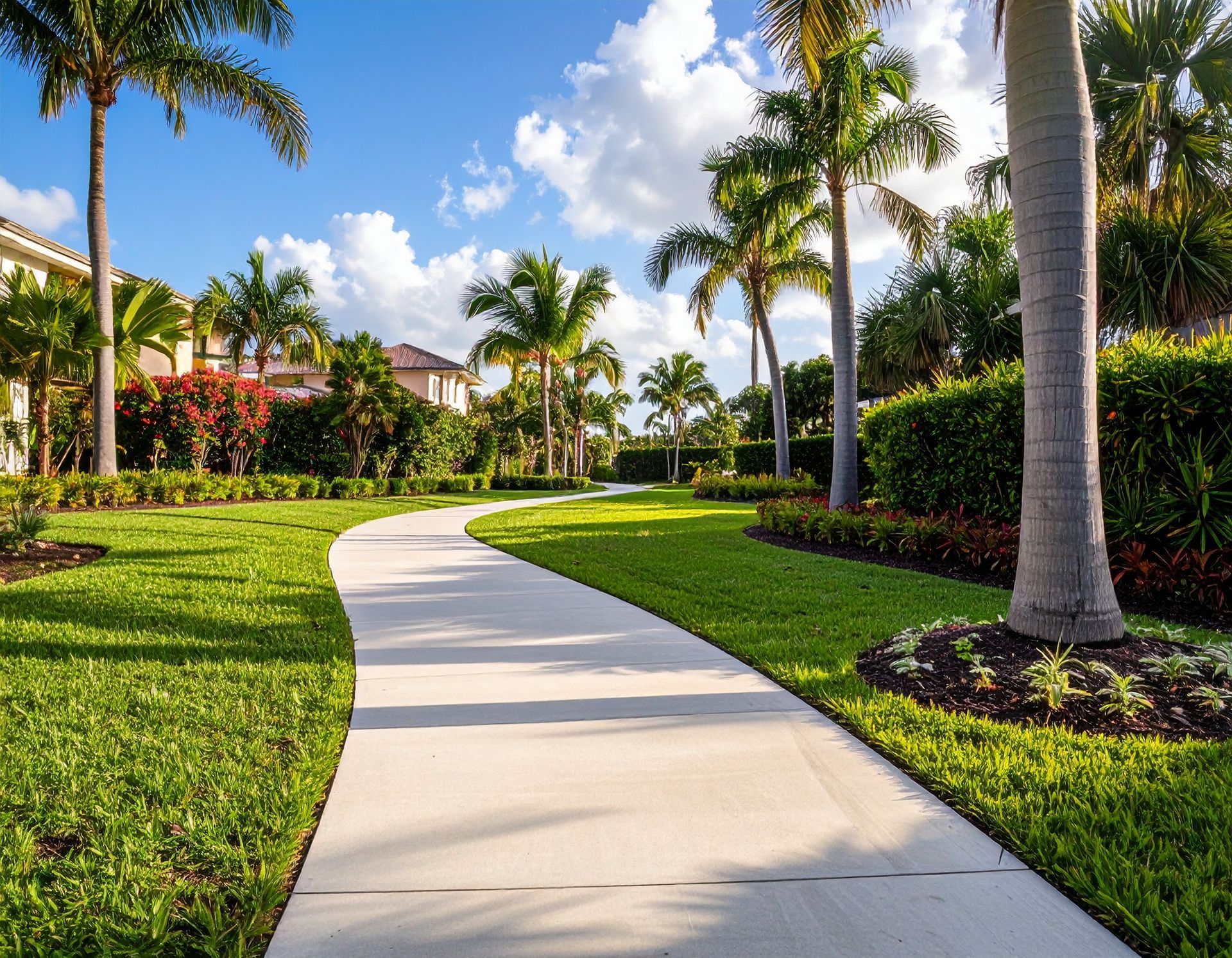 Curved concrete sidewalk through tropical landscaping and palm trees in The Villages.