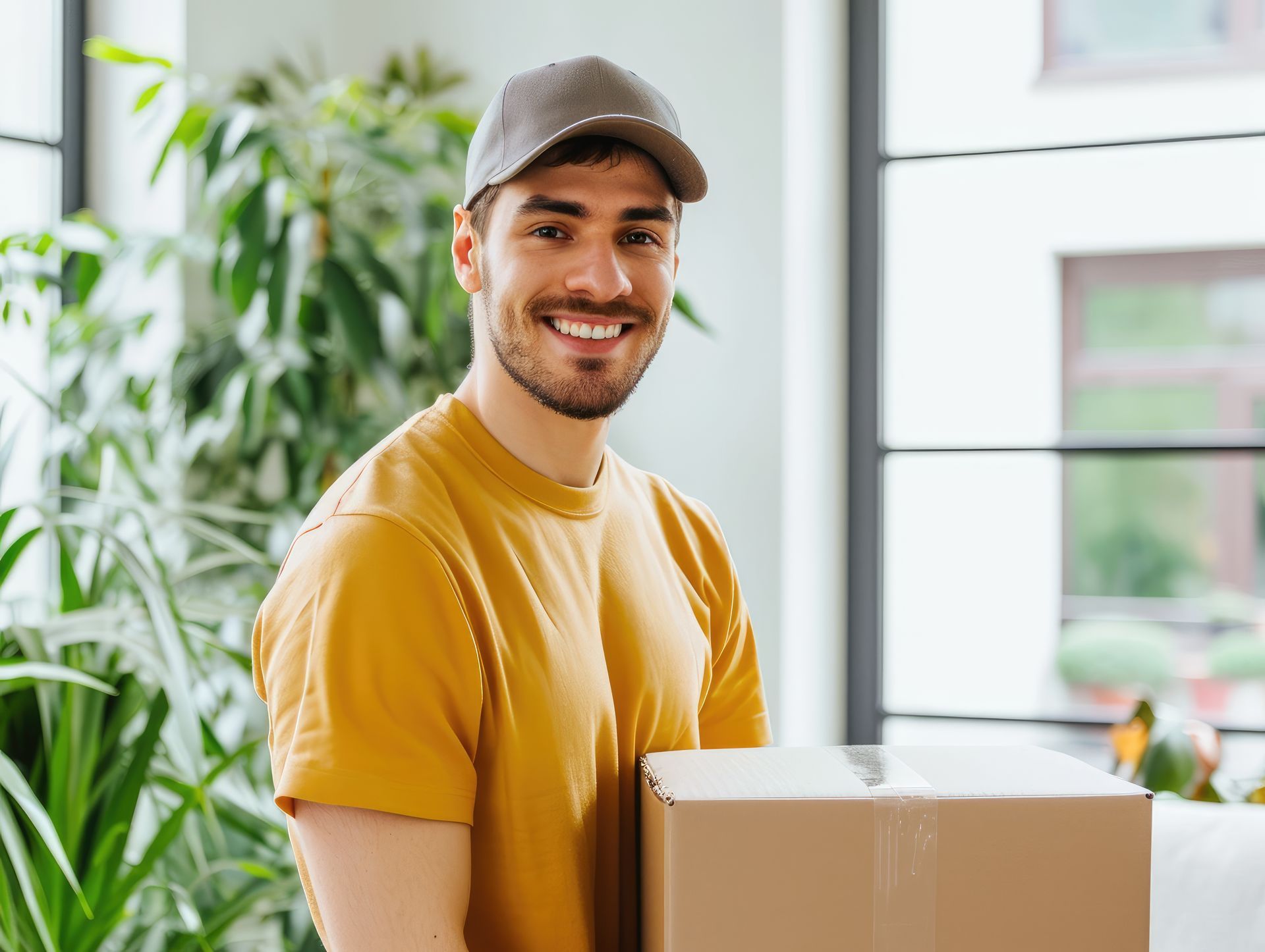 A man in a yellow shirt and hat is holding a cardboard box.