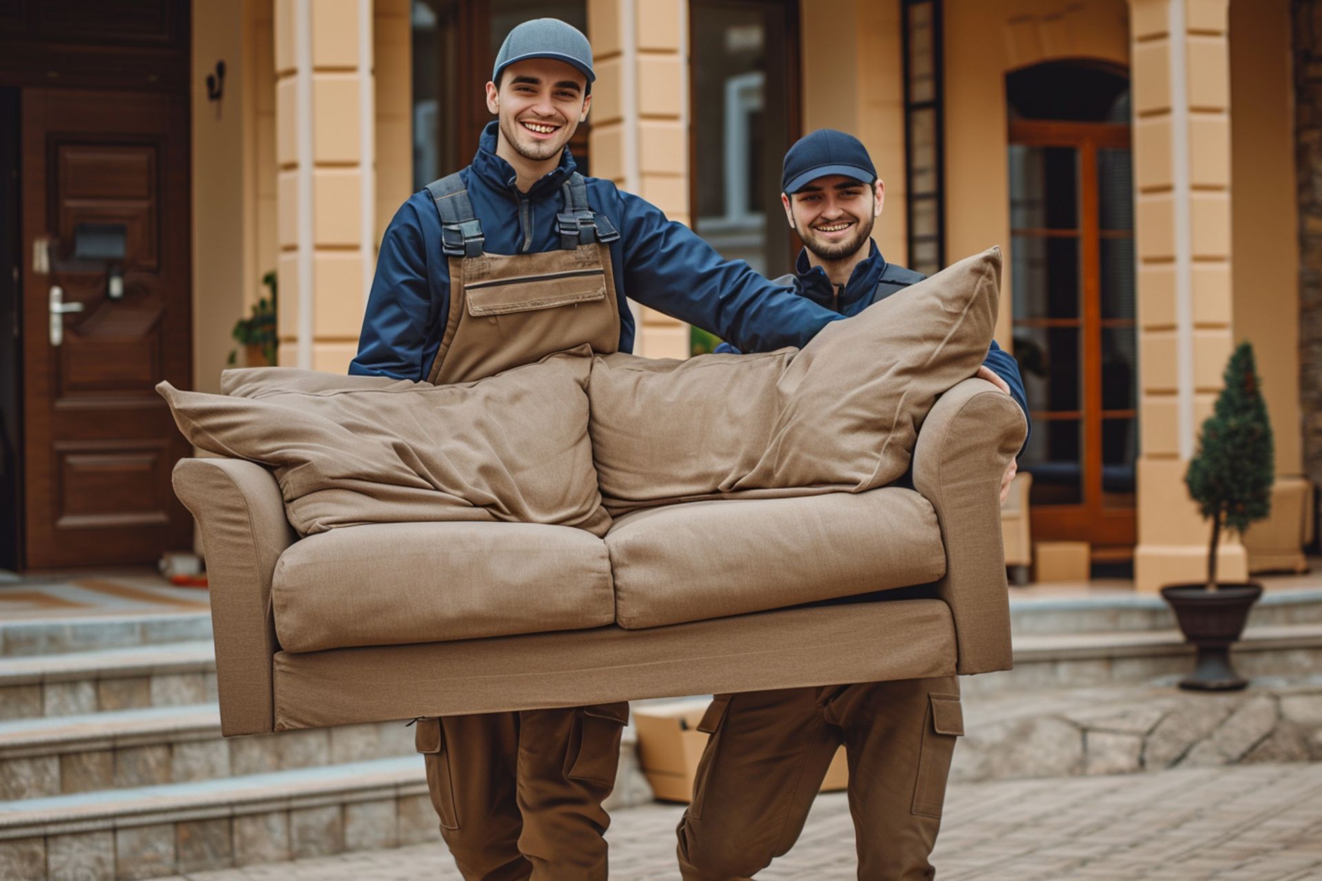 Two men are carrying a couch in front of a house.