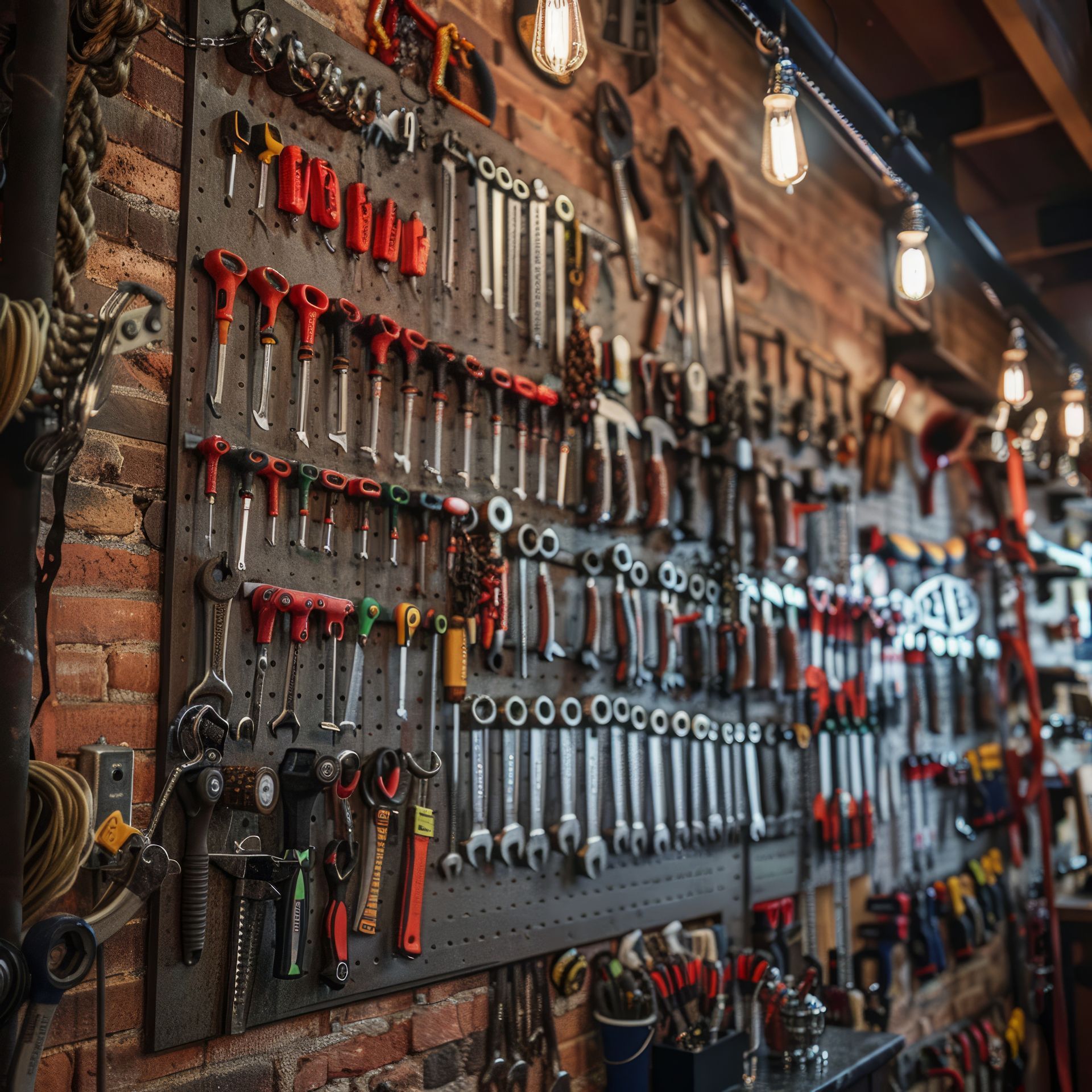 A brick wall with a bunch of tools hanging on it