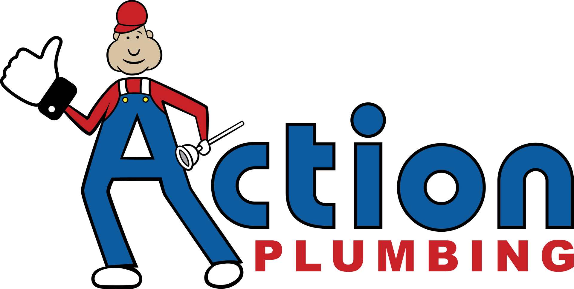 a logo for action plumbing with a cartoon man giving a thumbs up