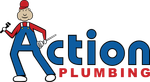 a logo for action plumbing with a cartoon man holding a wrench .