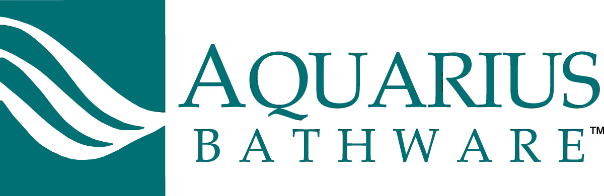 the aquarius bathware logo is blue and white with a wave in the middle .