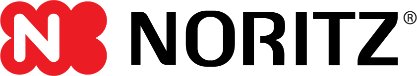 a red and black logo for noritz on a white background