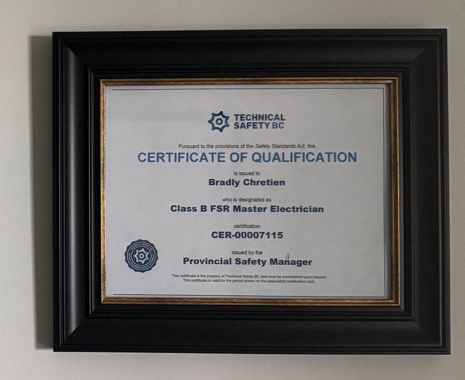 A framed certificate of qualification, issued by Technical Safety BC, for Bradly Chestion, a Class FSR Master Electrician.
