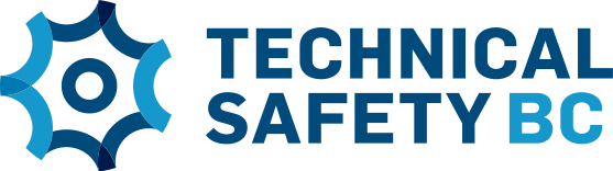 Logo of Technical Safety BC. It features a blue gear-like shape with text 