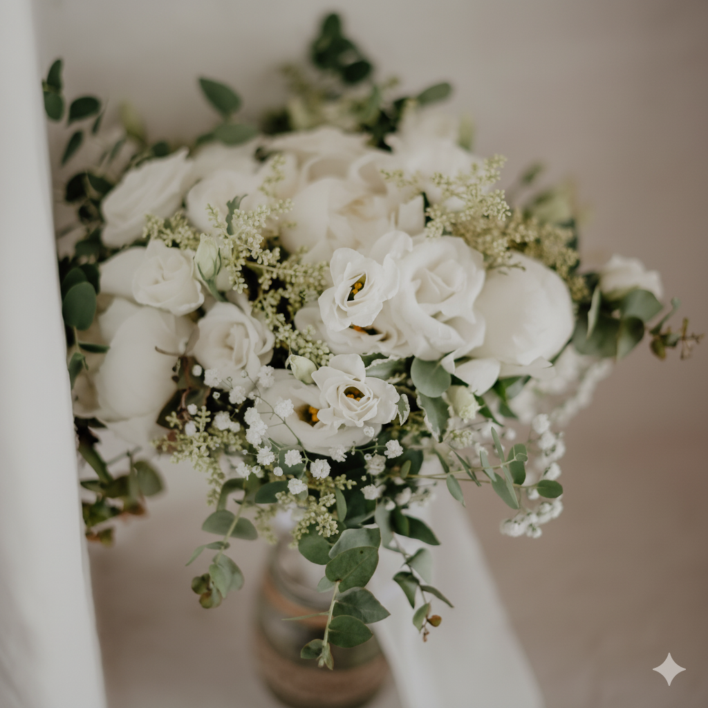 Bouquet di fiori bianchi in un vaso con verde.