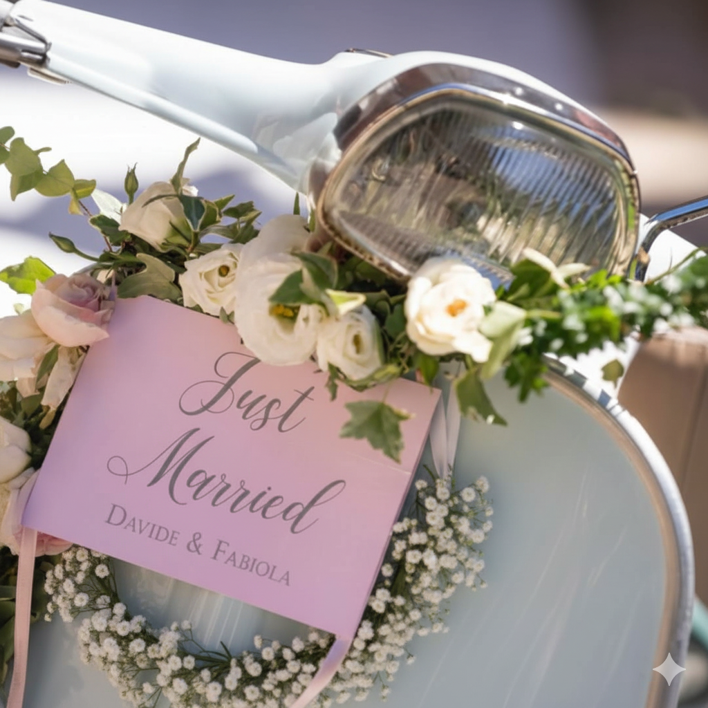 Monopattino azzurro decorato con fiori e scritta 