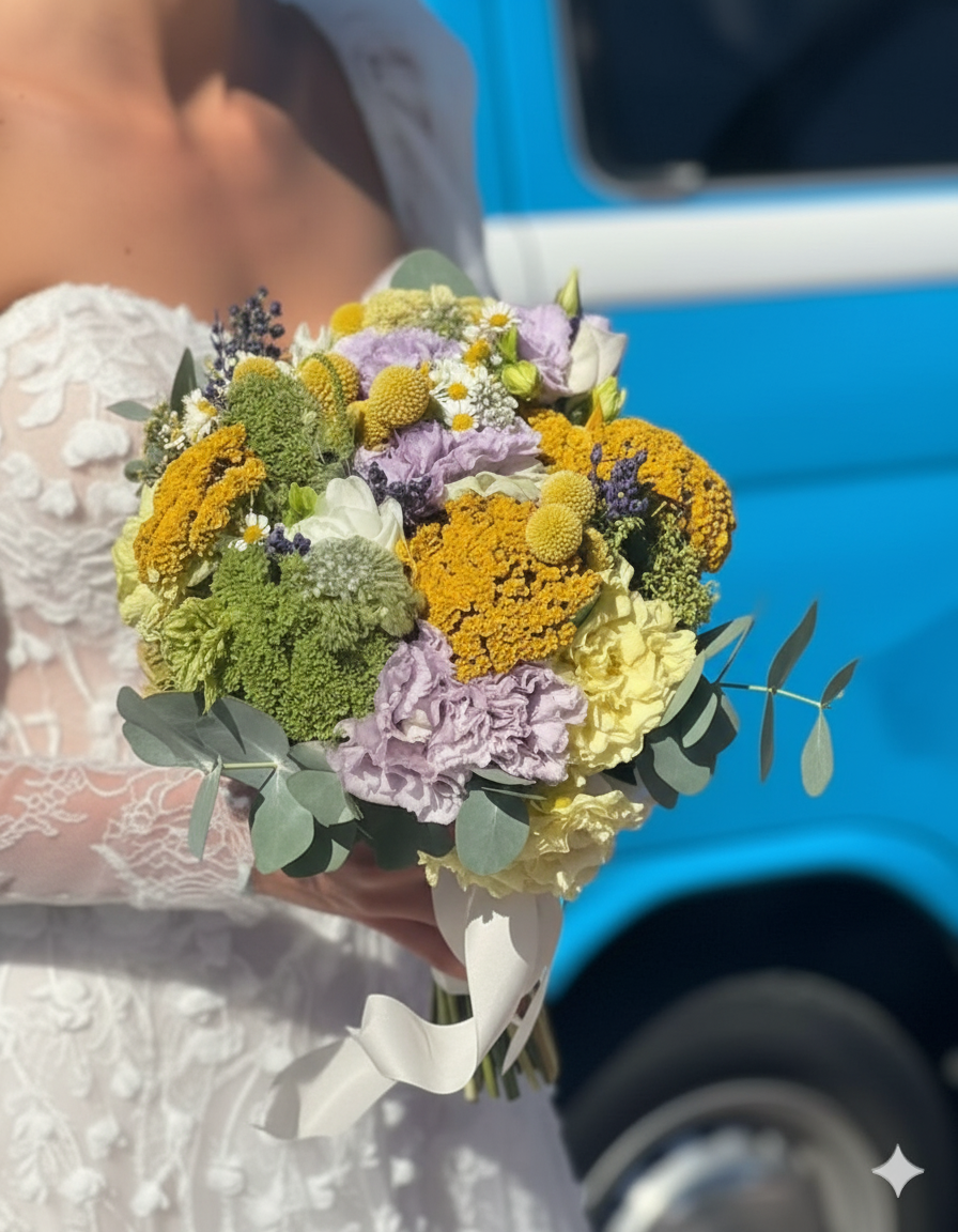 Sposa che tiene in mano un colorato bouquet di fiori gialli, viola e verdi, con un veicolo blu sullo sfondo.